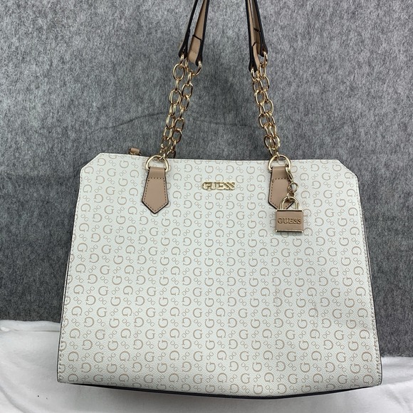 Guess Handbags - Guess Ellison Logo Satchel Tote Shoulder Bag Purse - Beige/Brown (13.5"x10.5")